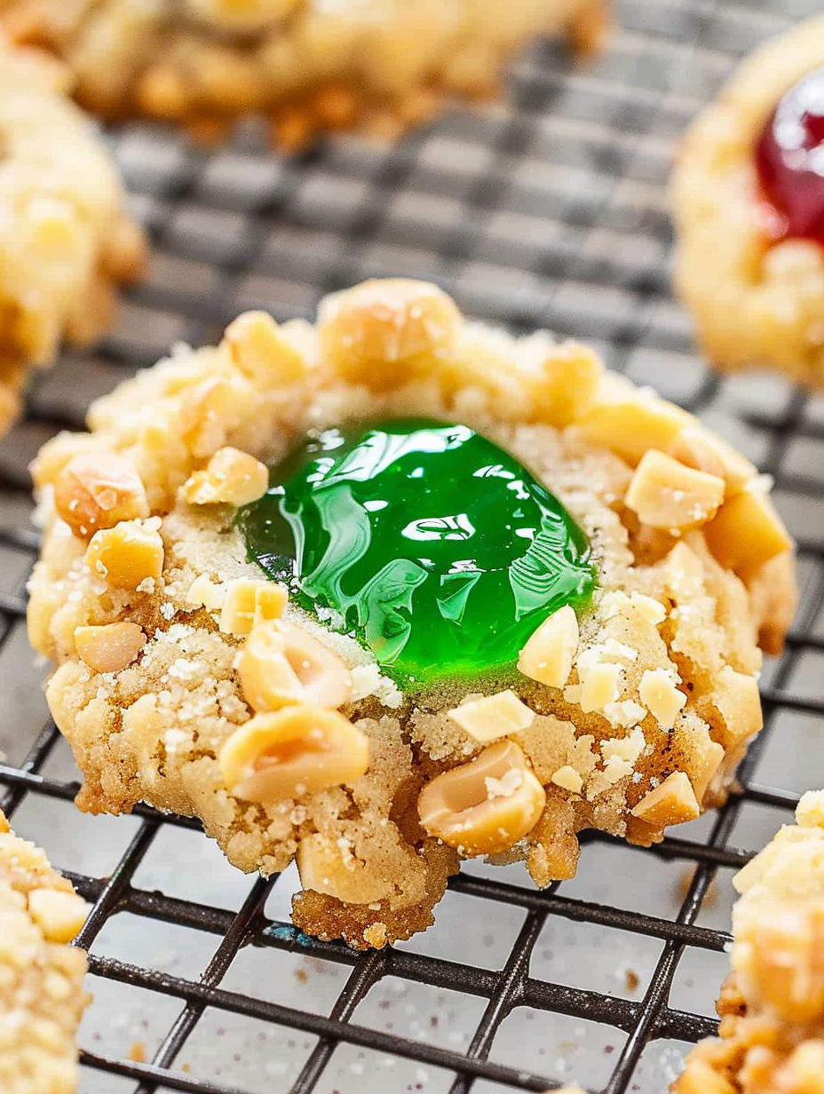 A thumbprint cookie with green icing.