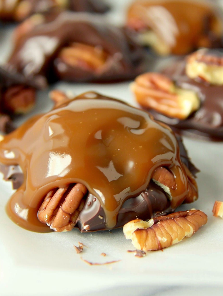 A close up of chocolate pecan turtle clusters.