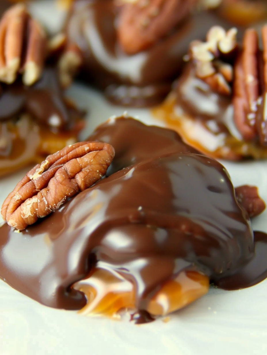 A close up of a chocolate pecan turtle cluster.
