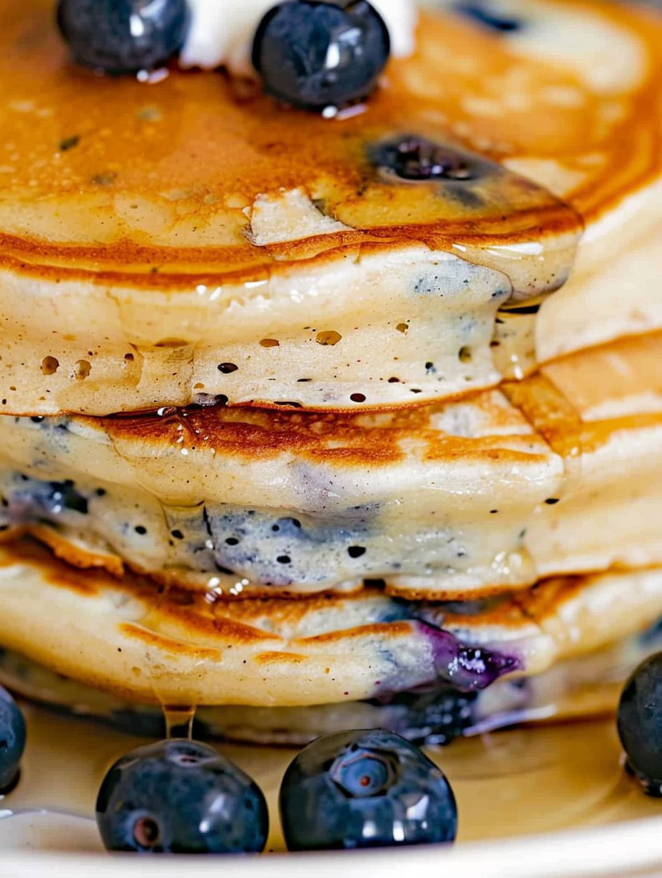 A stack of fluffy Greek yogurt blueberry pancakes.