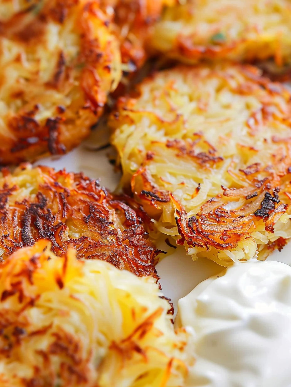 A plate of hash browns made from spaghetti squash.