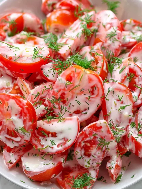 A close up of a tomato salad with garlic.