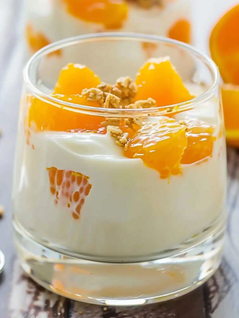A glass of orange cream dessert.