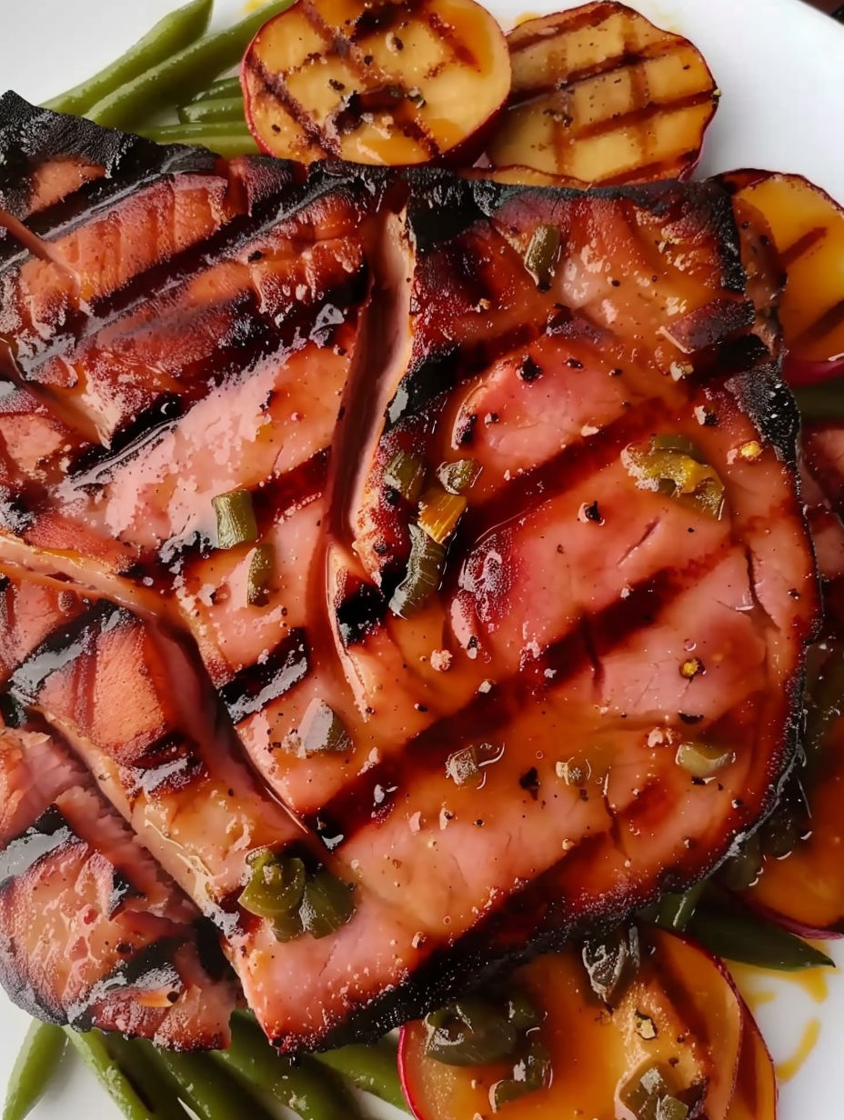 A grilled ham steak with green peppers and onions.