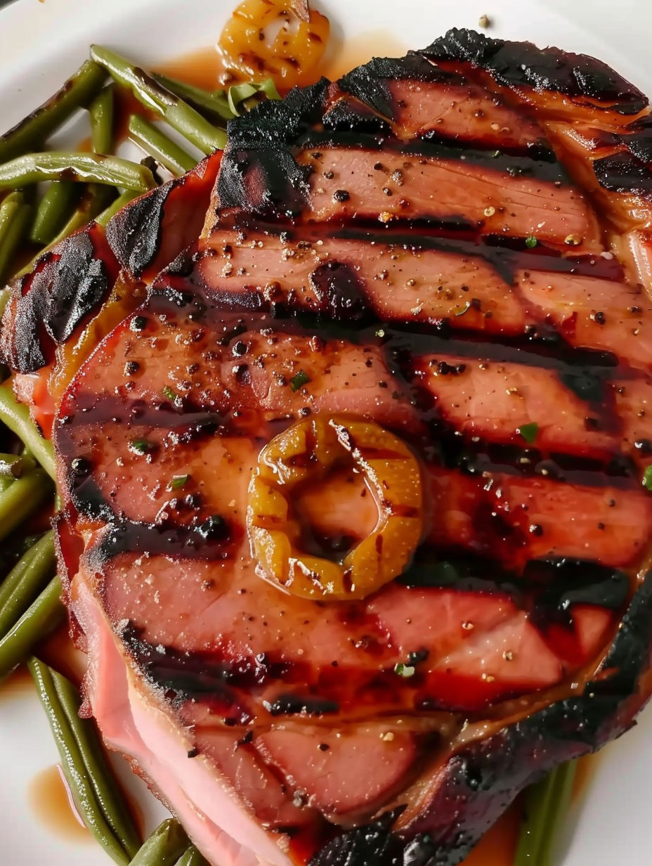 A ham steak with a slice of pineapple on top.