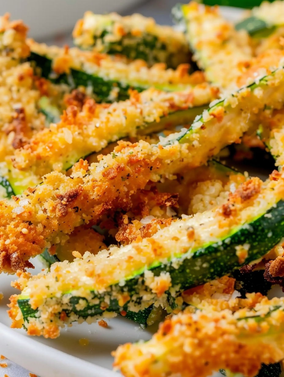 A plate of zucchini fries with cheese and breadcrumbs.