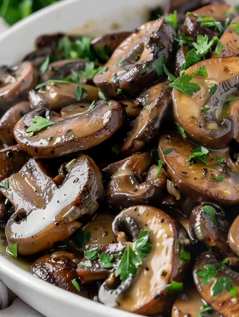 A dish of sauteed mushrooms with herbs and spices.