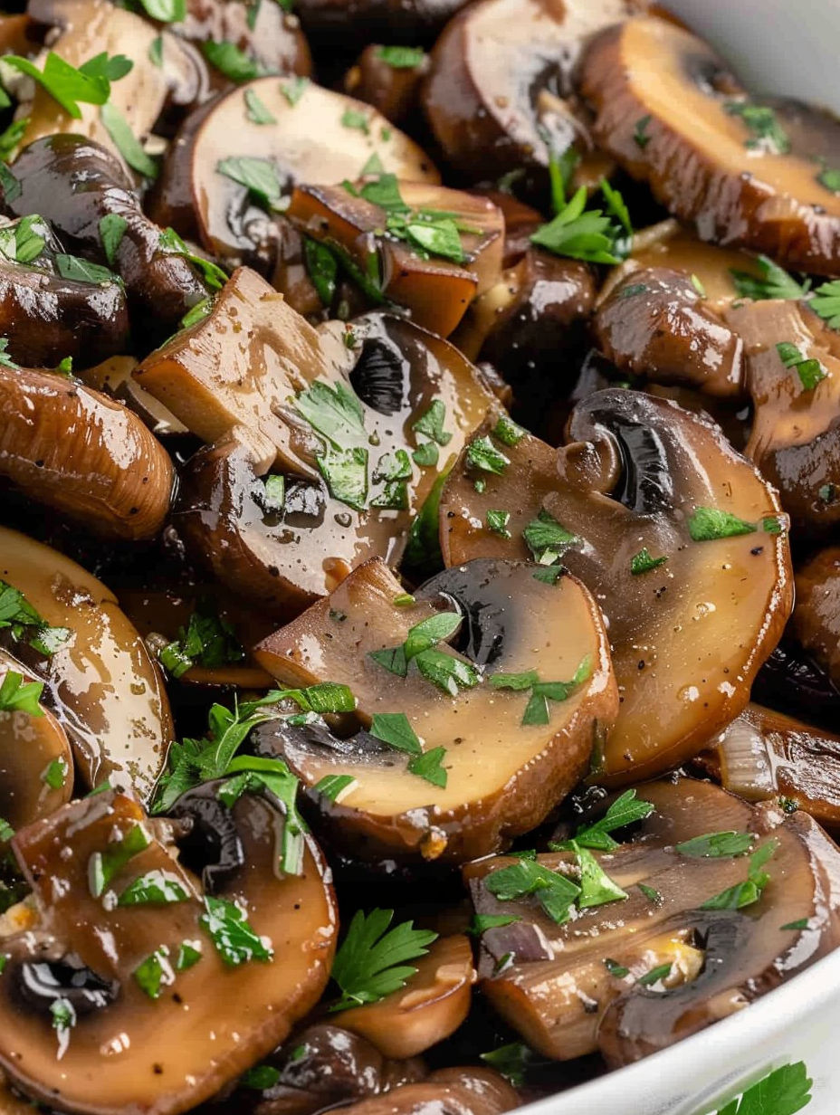 A close up of sauteed mushrooms.