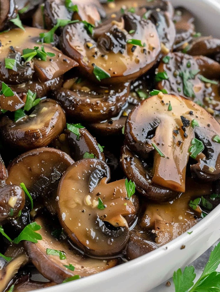 A bowl of sauteed mushrooms with herbs and spices.