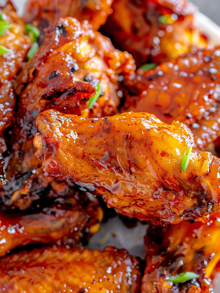 A close up of some delicious looking hot honey peach wings.