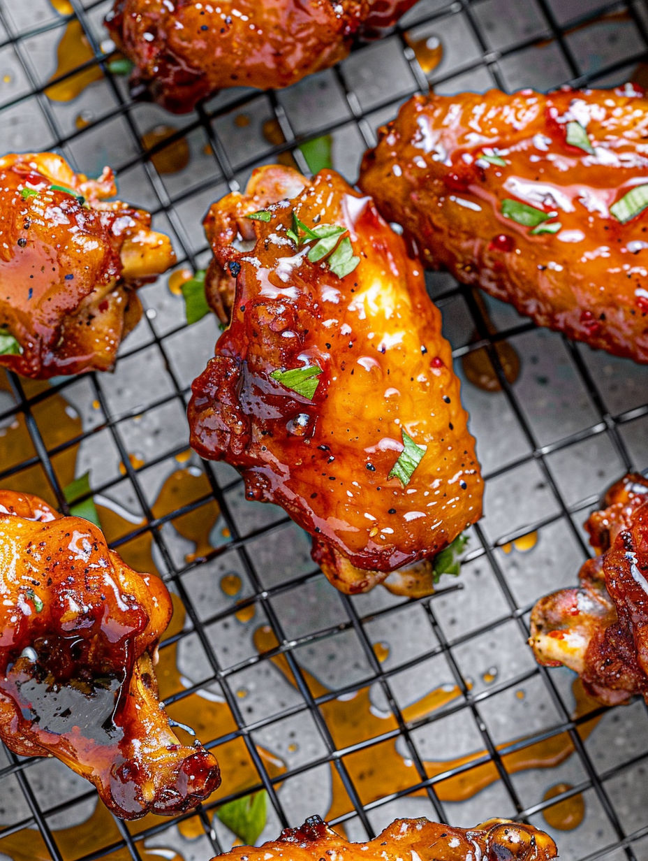 A tray of chicken wings with honey drizzled over them.