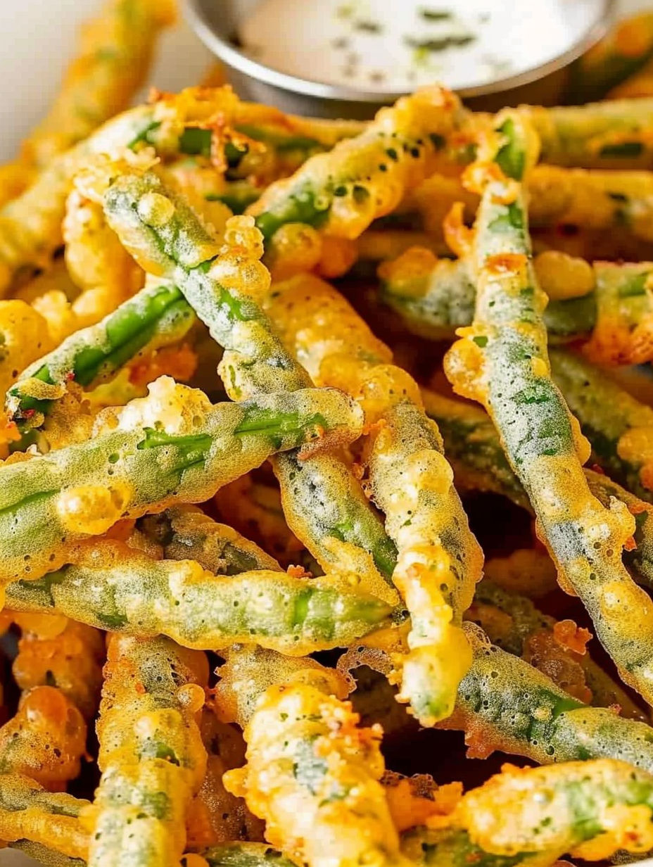 Fried green beans on a plate.