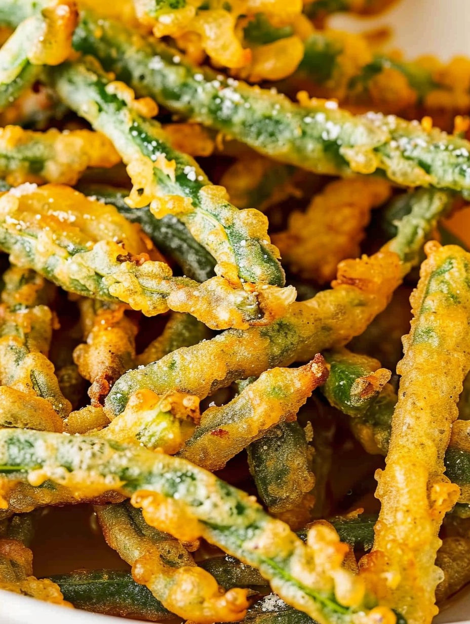 A close up of a plate of fried green beans.