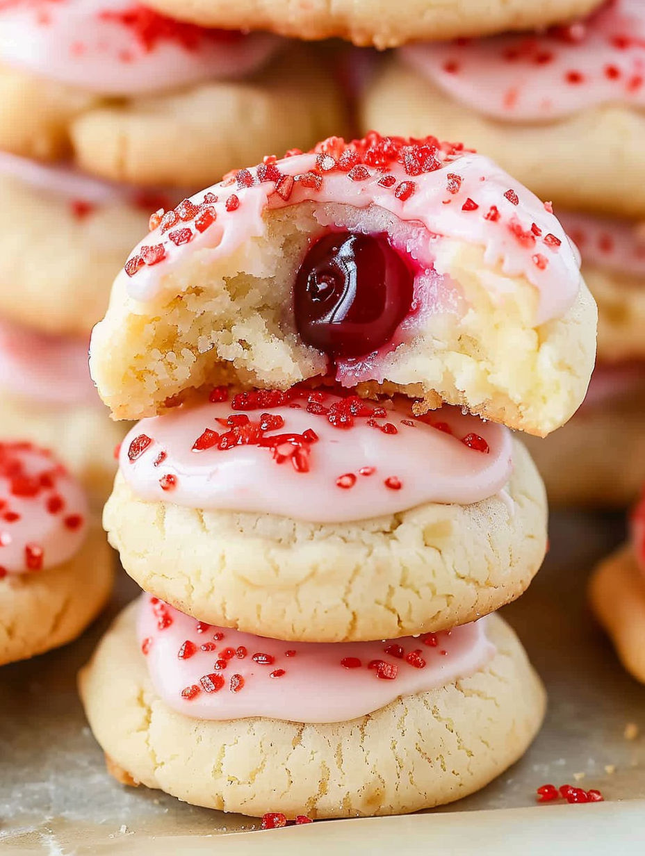 A stack of almond cherry cookies.