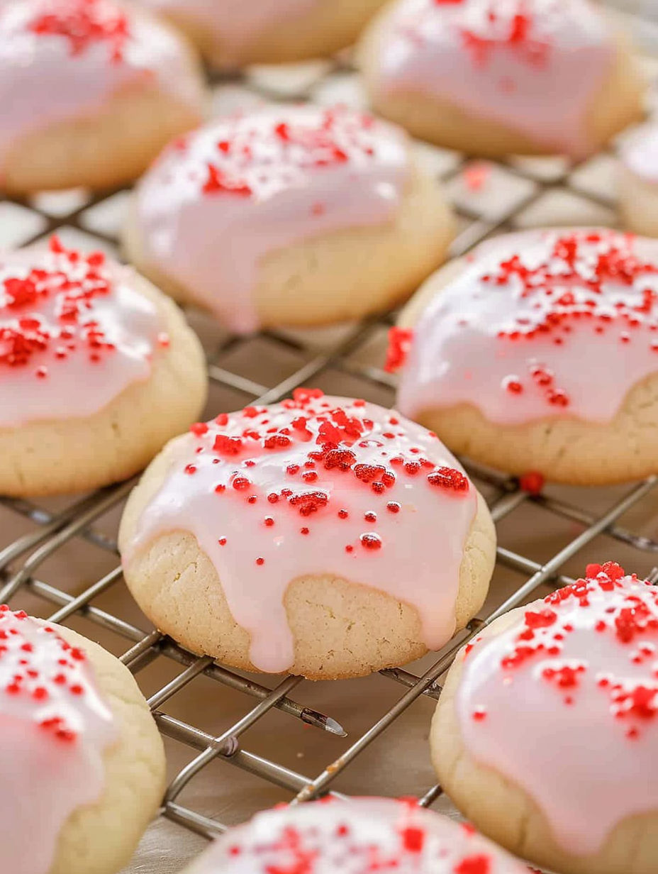 Almond cherry cookies with white frosting and red sprinkles.