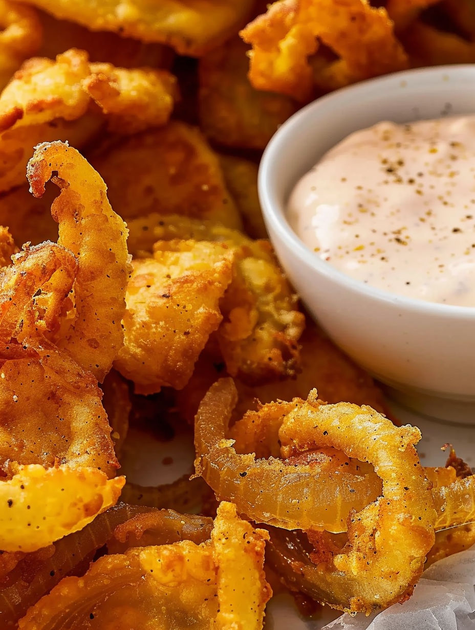 Onion petals are fried and served with a dipping sauce.