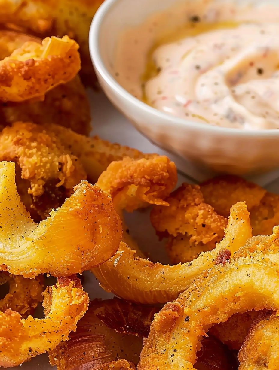 A bowl of onion petals with a dipping sauce.