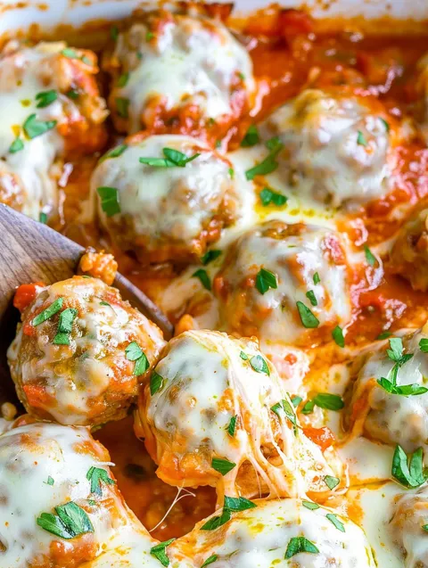 Meatballs covered in cheese and tomato sauce.