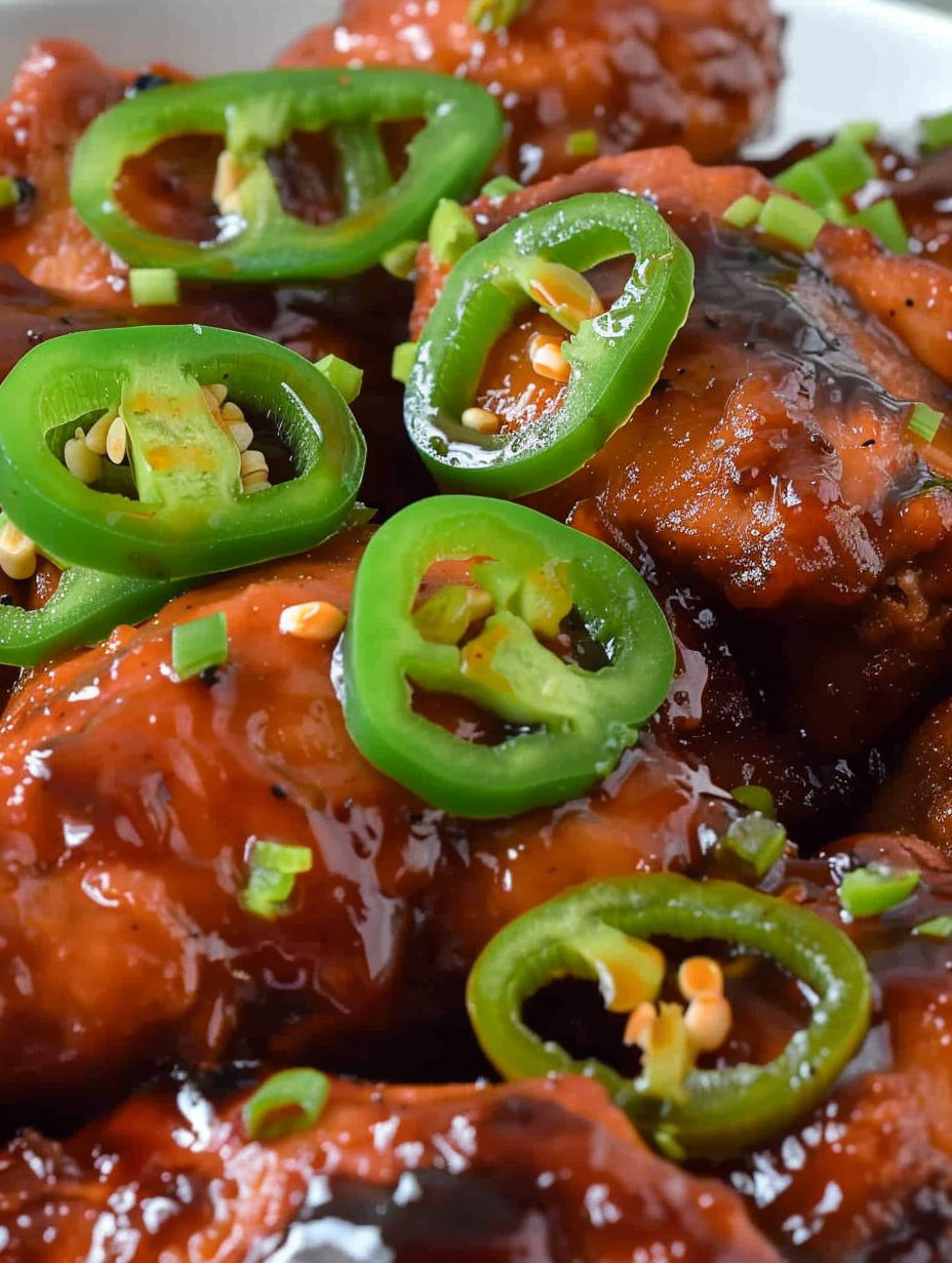 A plate of spicy jalapeño chicken with green peppers on top.