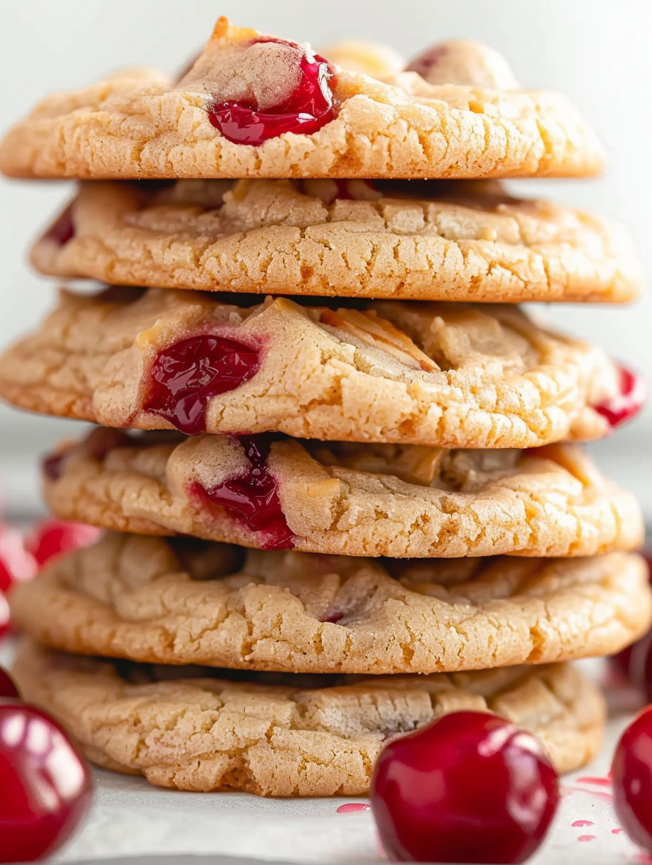 A stack of cookies with cherries on top.