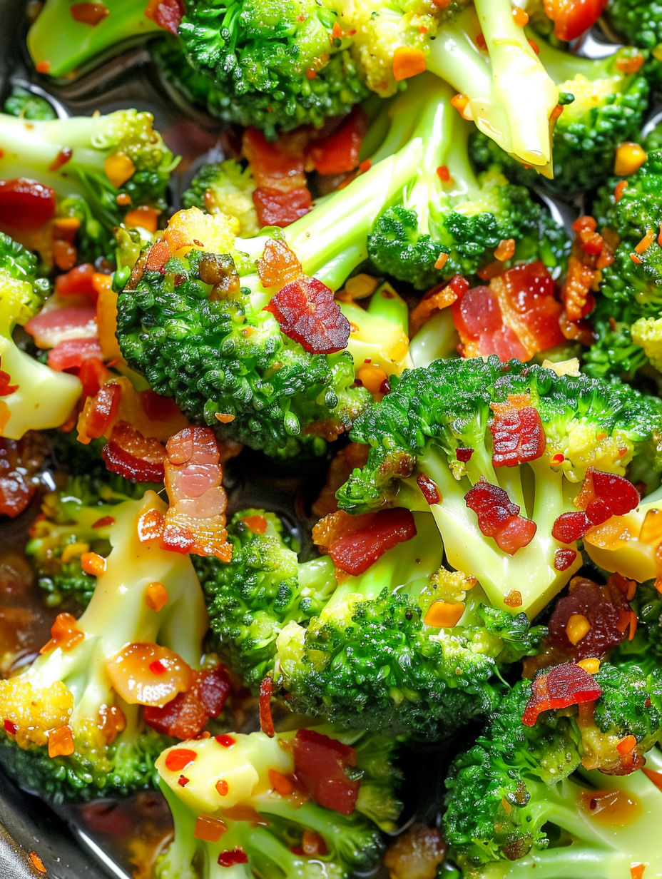 A close up of broccoli with garlic sauce.