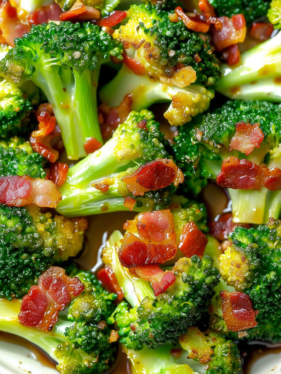 A close up of a plate of broccoli with bacon.