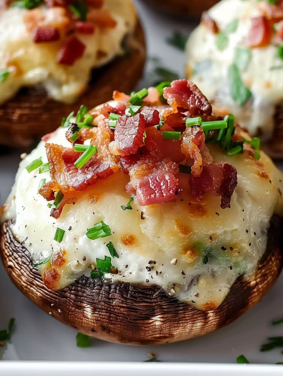 A close up of a mushroom with bacon on top.
