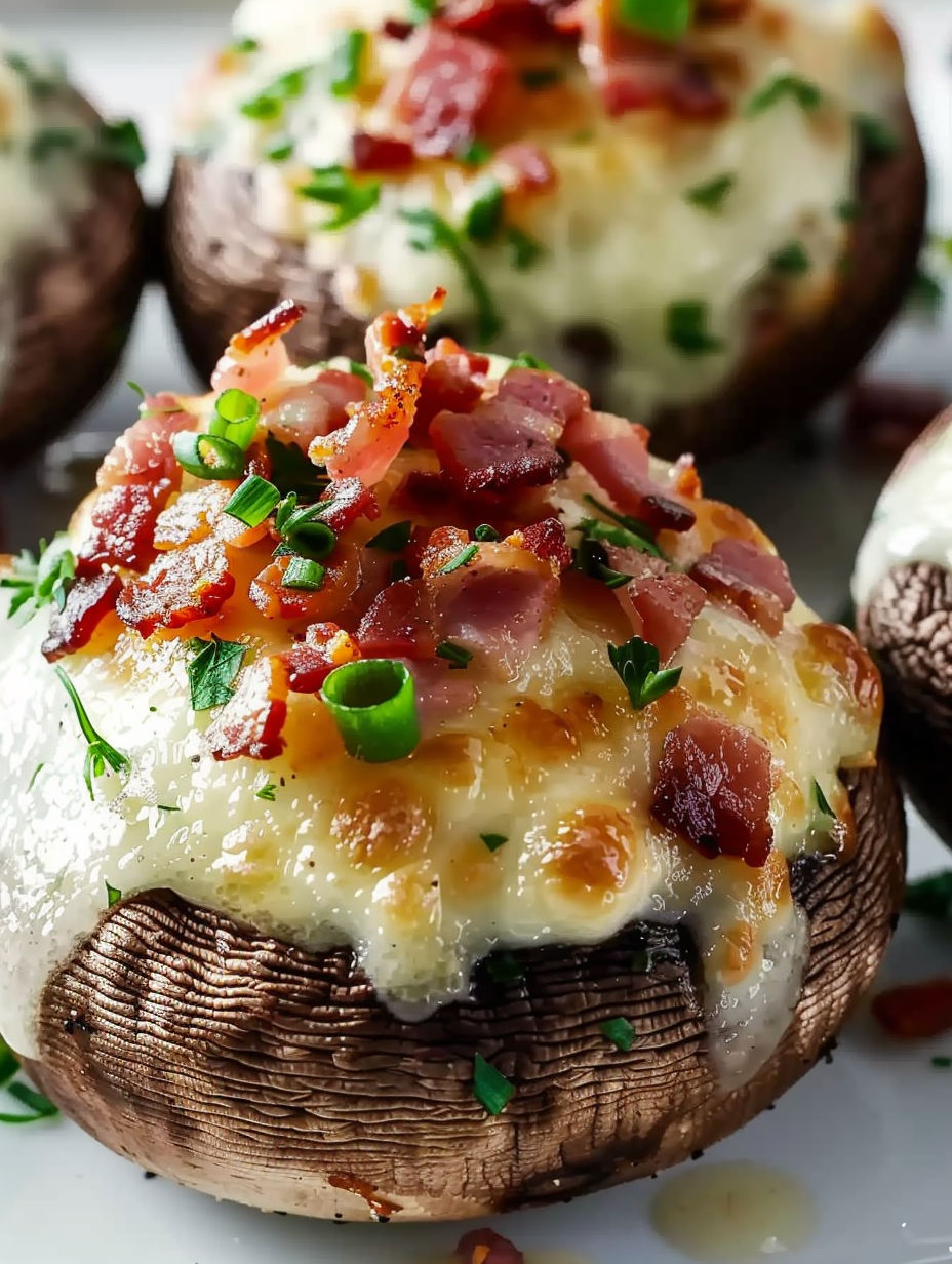 A close up of a mushroom with bacon and cheese.
