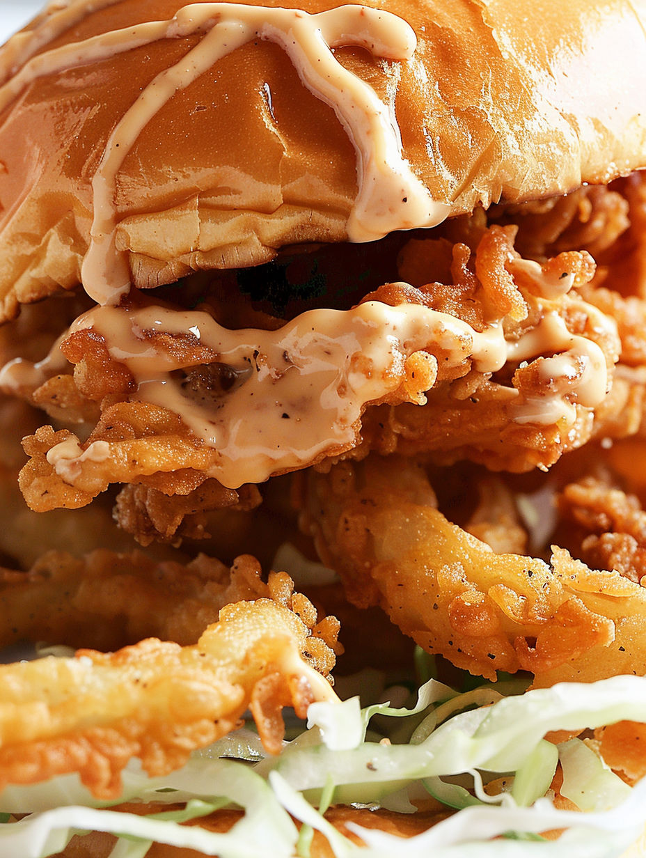 A close up of a sandwich with fried onion strings.