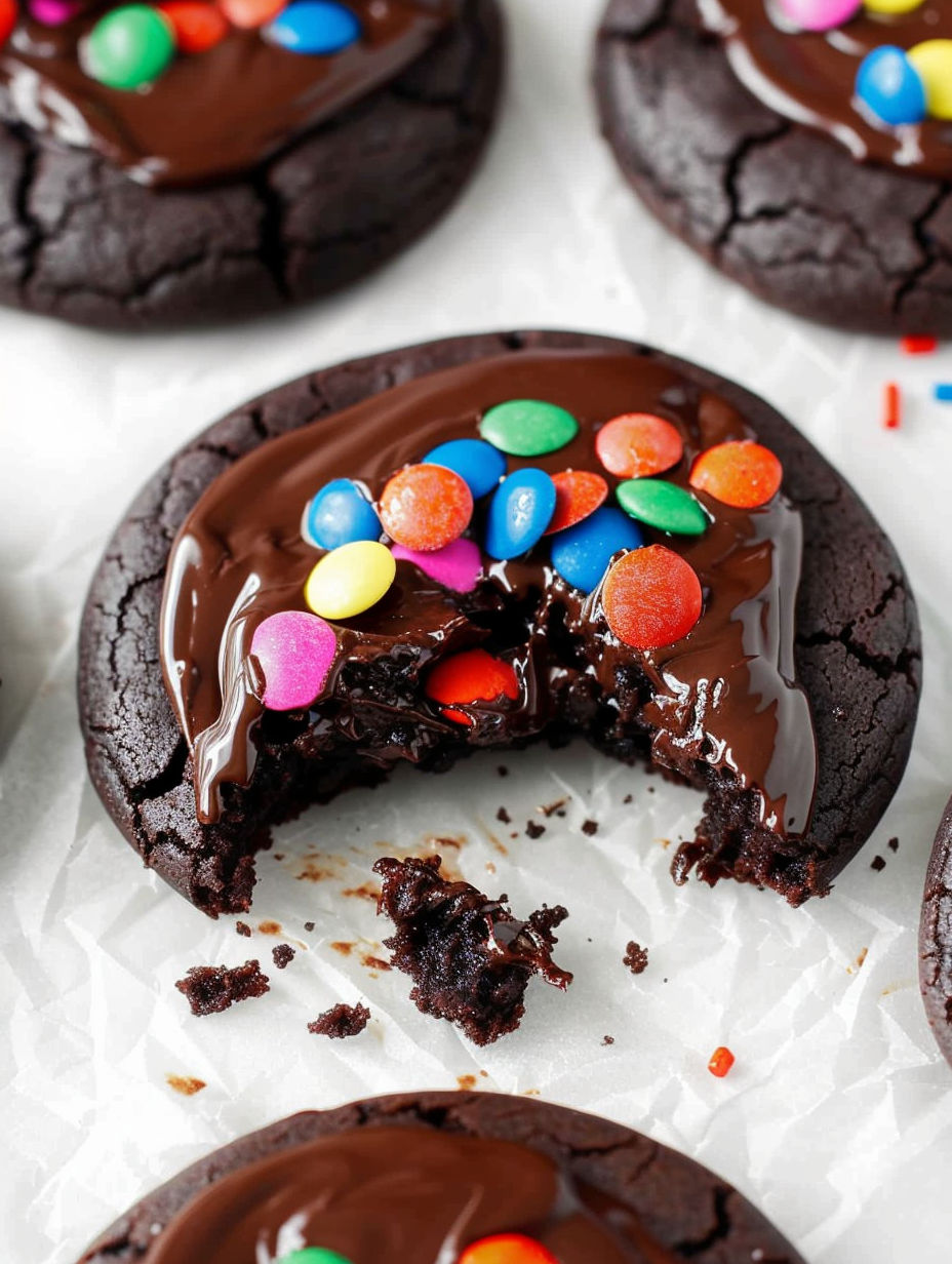 A chocolate cookie with a bite taken out of it.