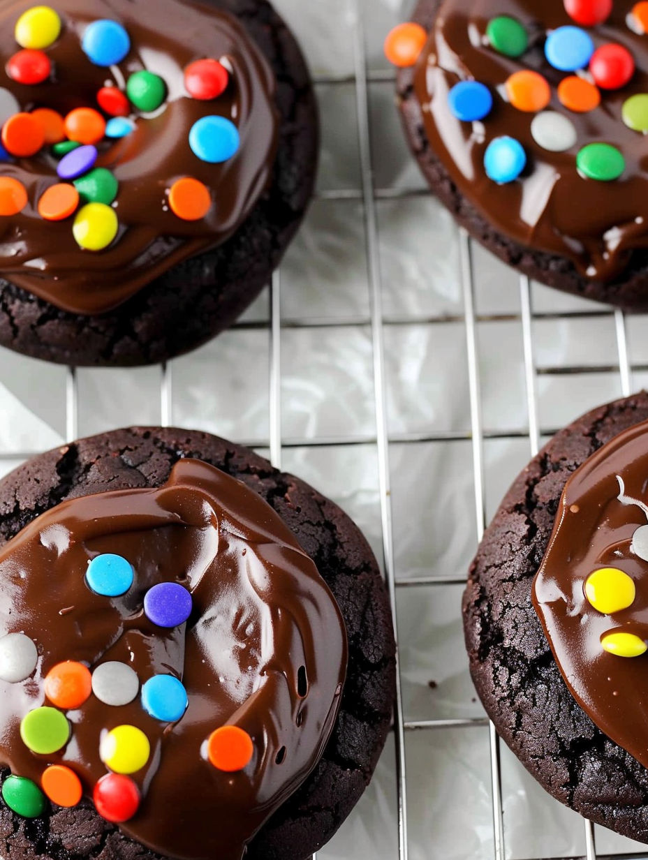 A tray of chocolate cookies with sprinkles.