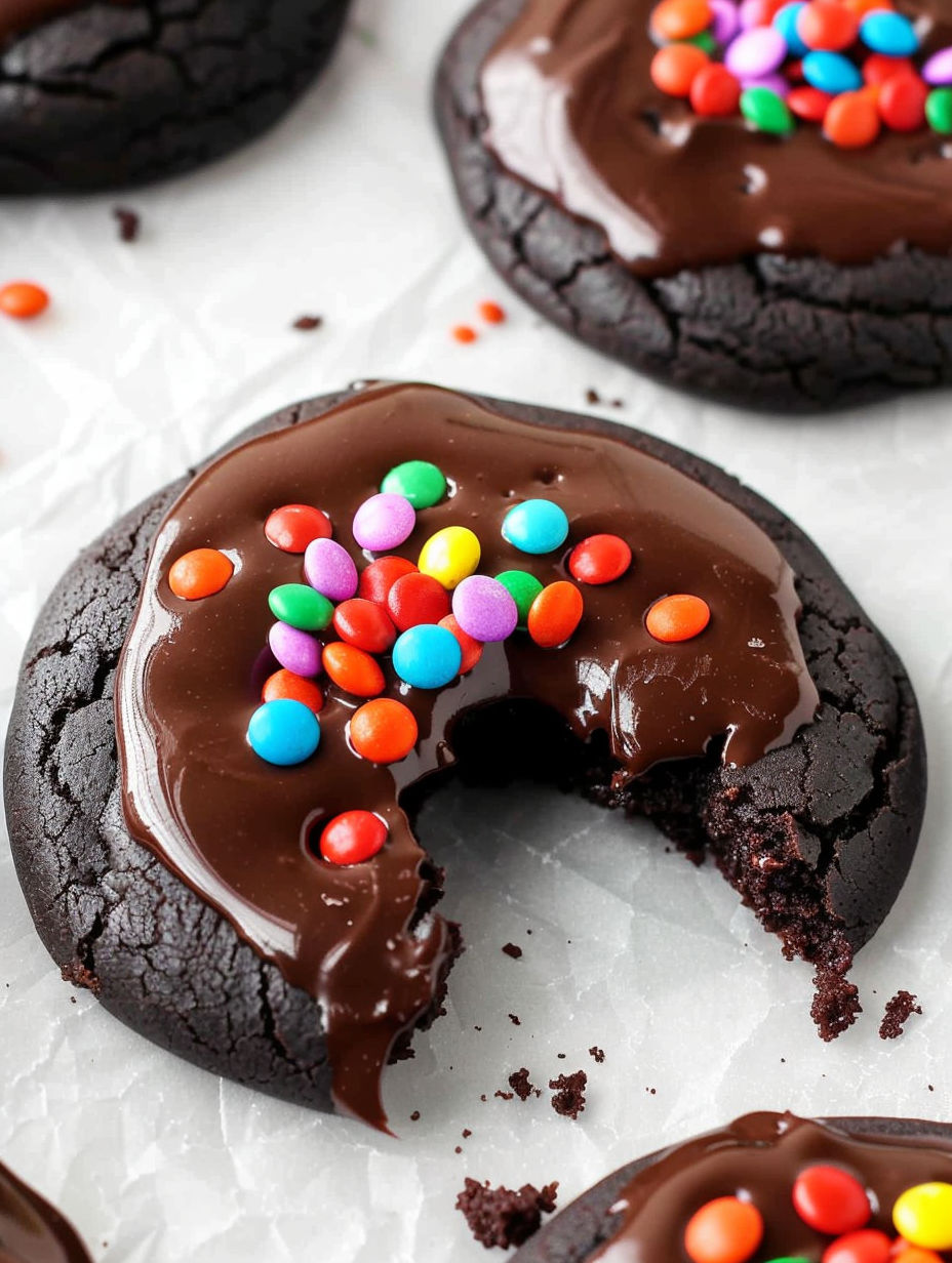 A chocolate cookie with a bite taken out of it.