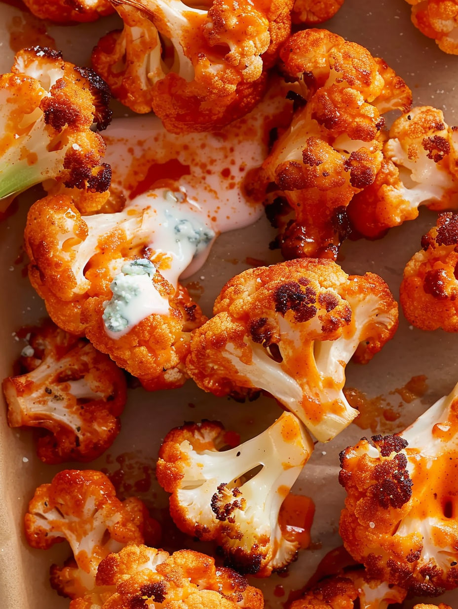 A close up of a piece of cauliflower with buffalo sauce on it.