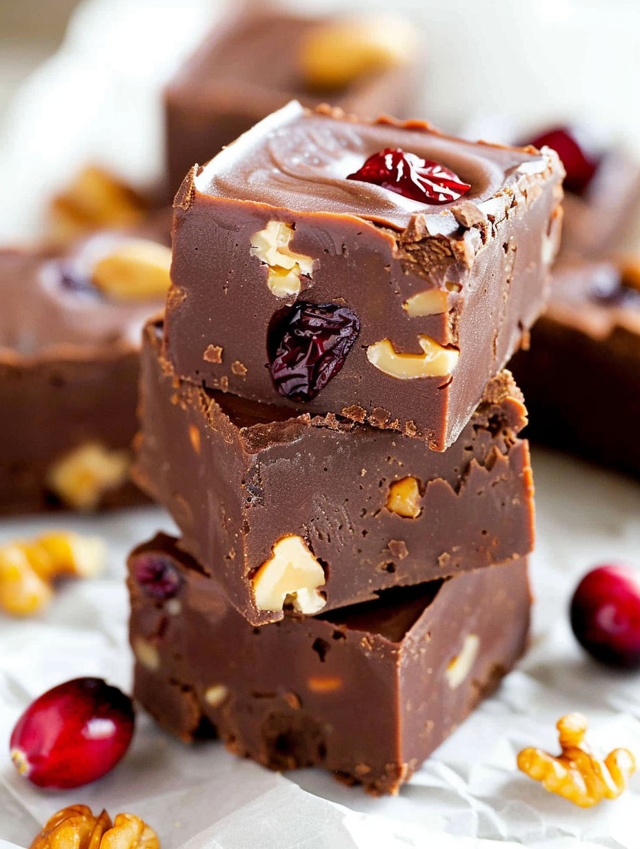A close up of a chocolate dessert with nuts and fruit.