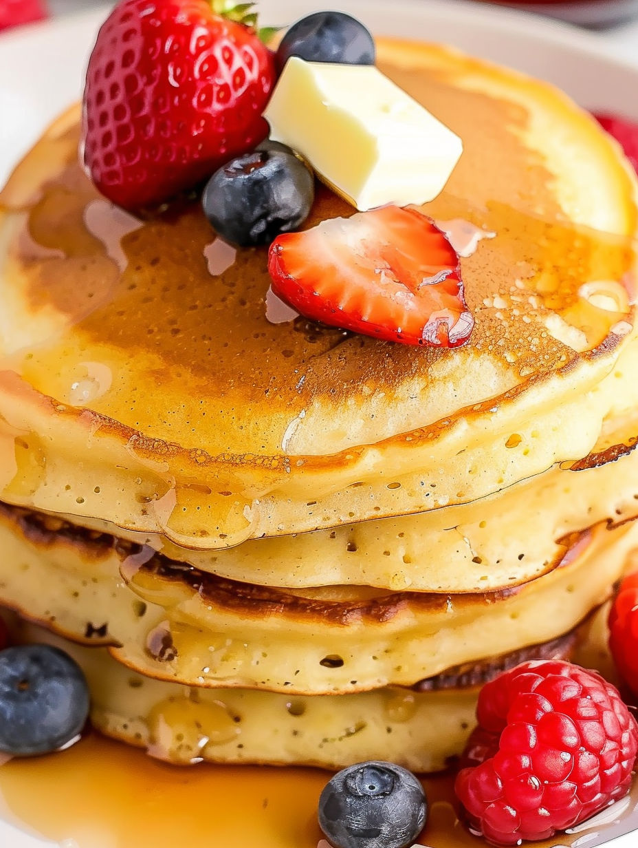 A stack of fluffy pancakes with butter and berries on top.