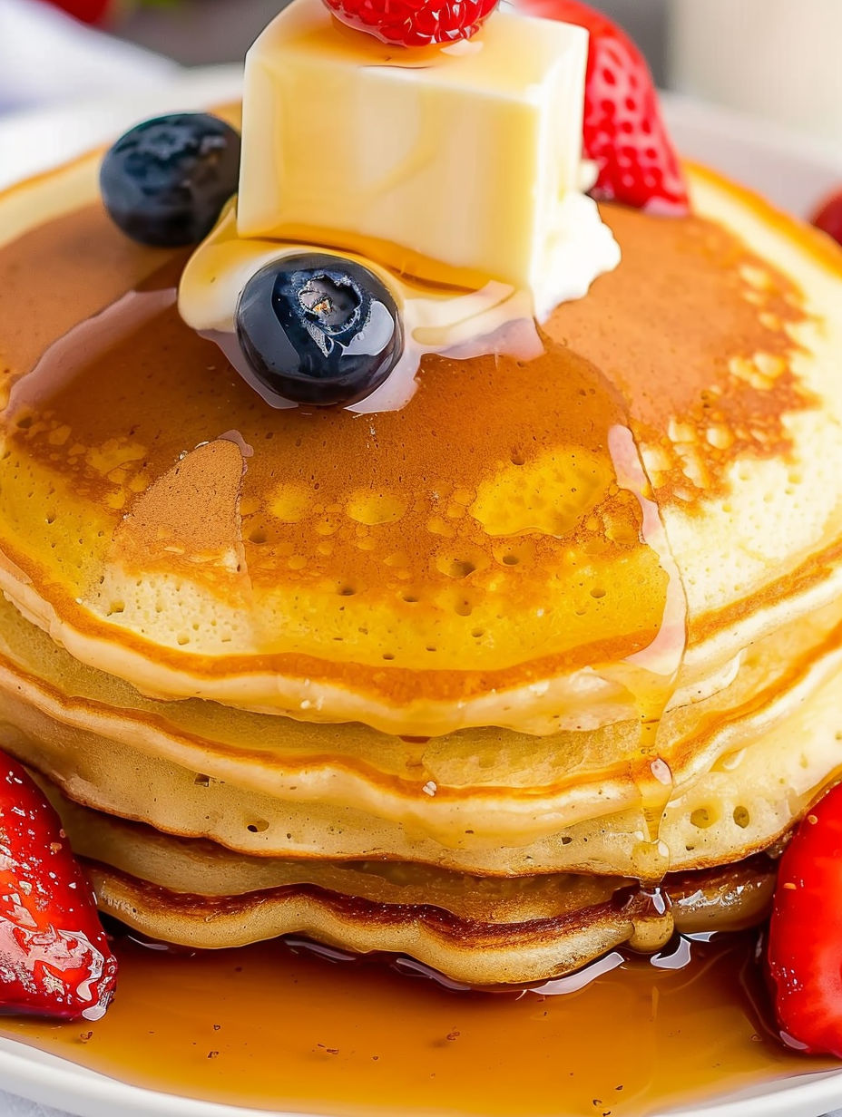 A stack of fluffy pancakes with blueberries and whipped cream on top.