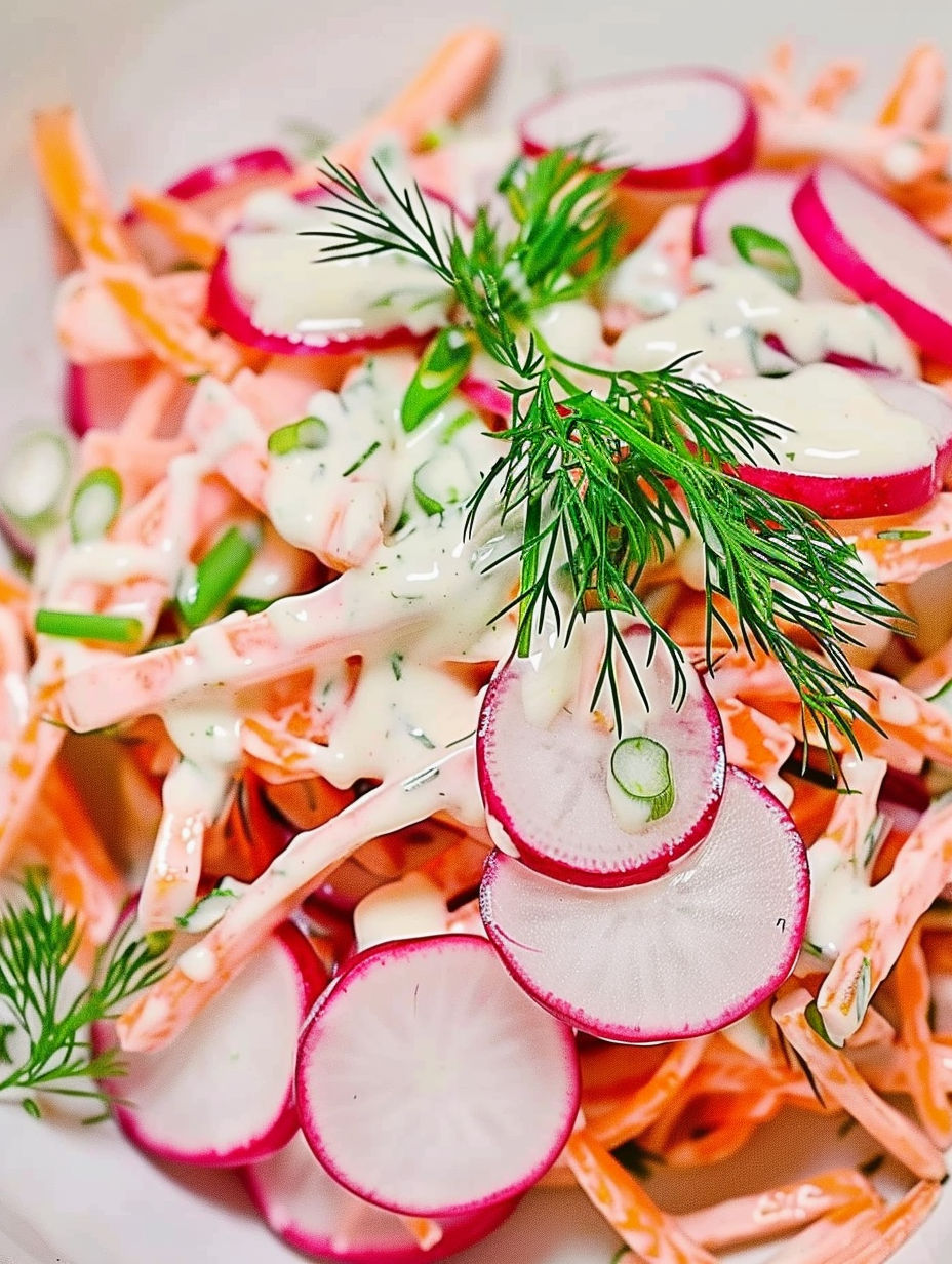 A pile of shredded carrots with a white sauce on top.