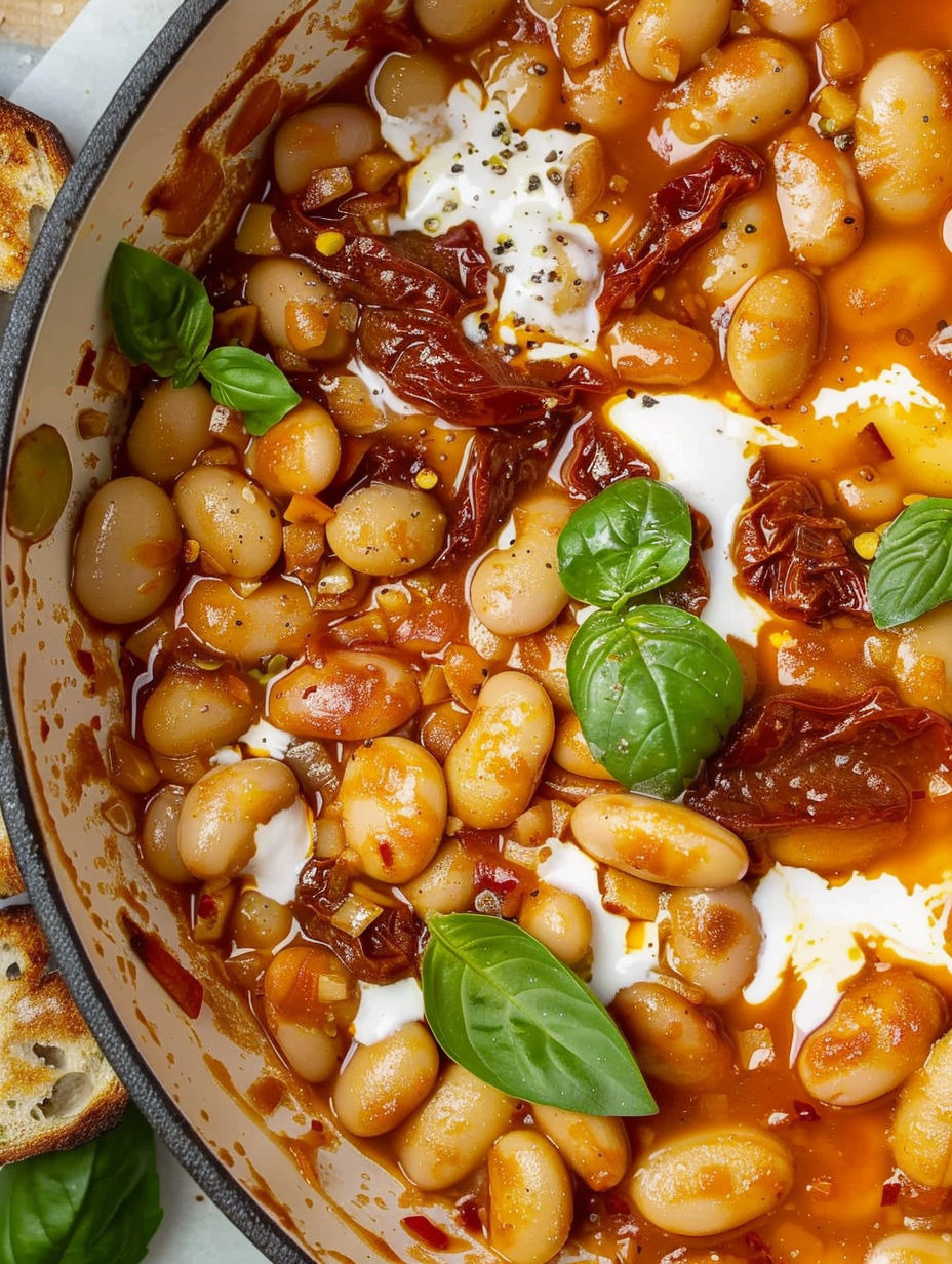 A bowl of beans with a green leaf on top.