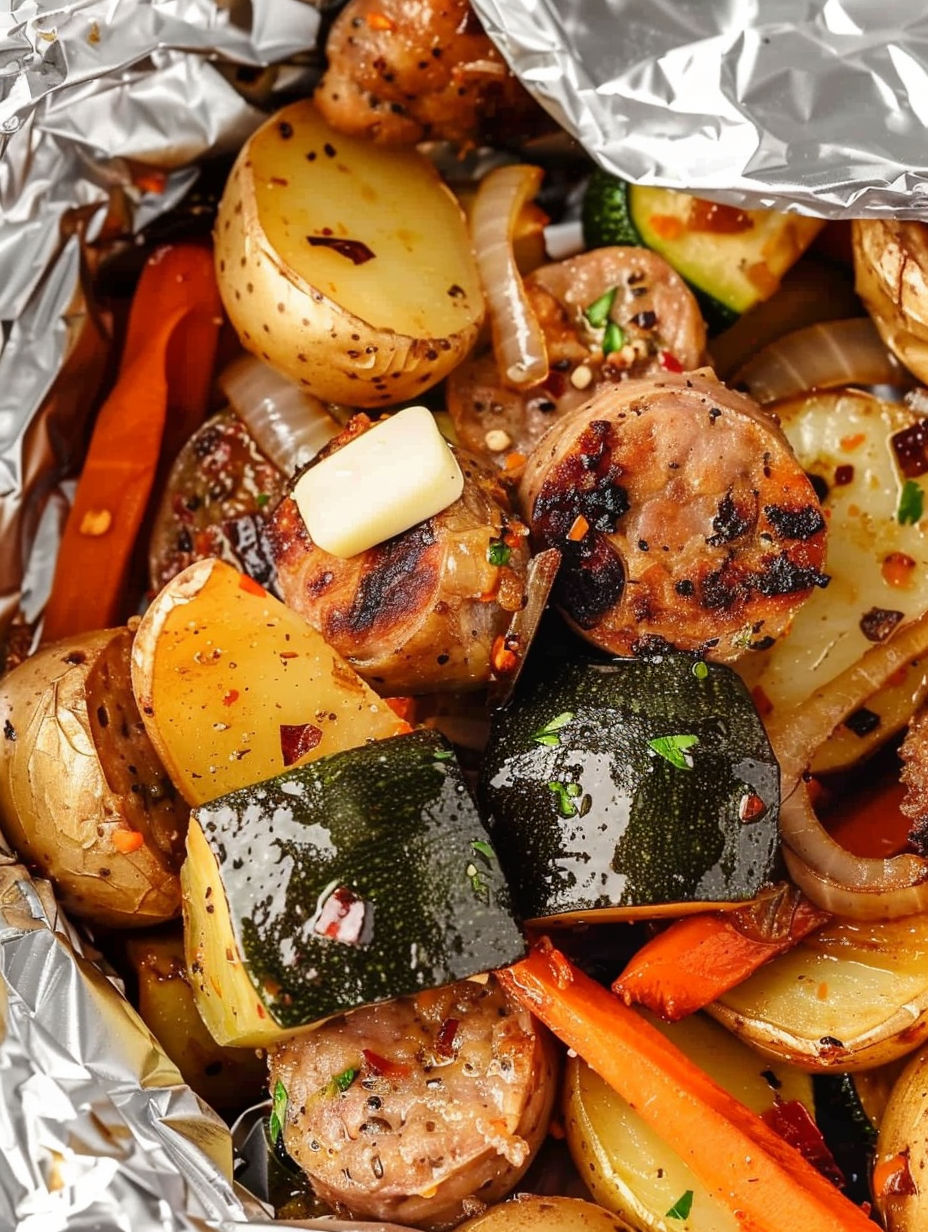 A foil packet of sausage and vegetables.