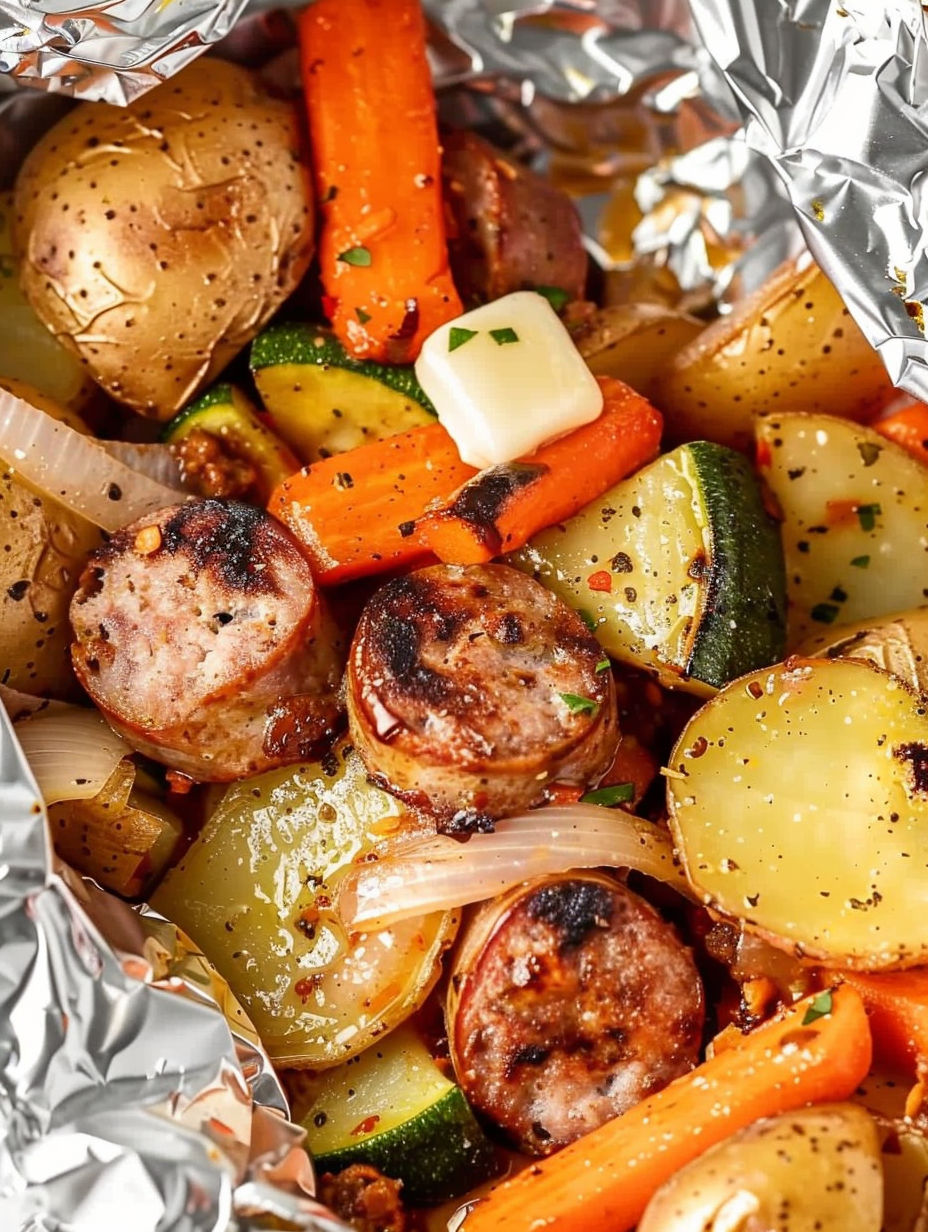 Sausage and vegetables in foil.