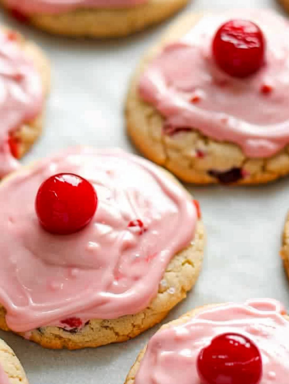A close up of a cherry chip cookie.