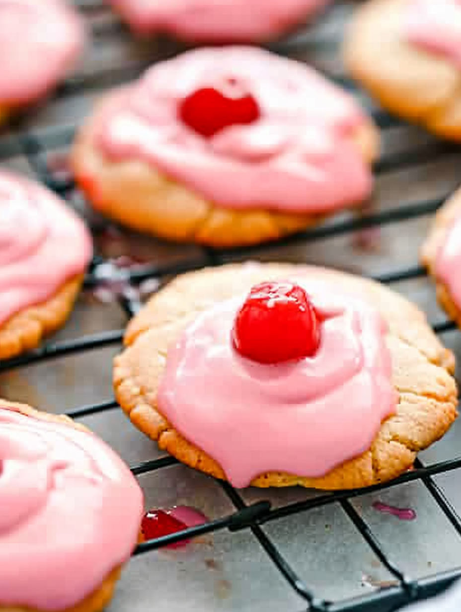 A cookie with a cherry on top.