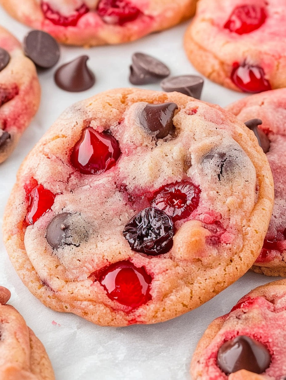 A close up of a chocolate chip cookie with red jelly.