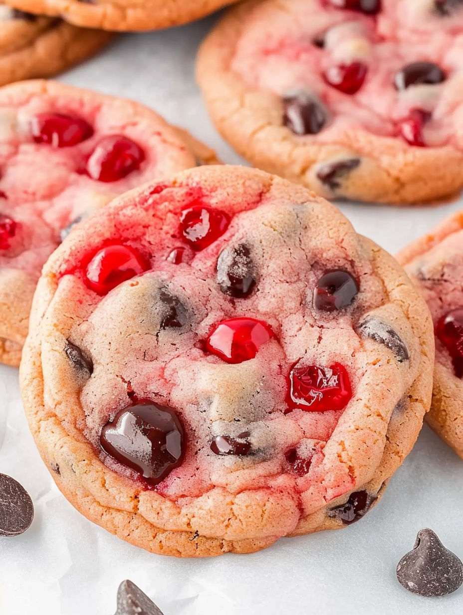 A close up of a cookie with red jelly and chocolate chips.