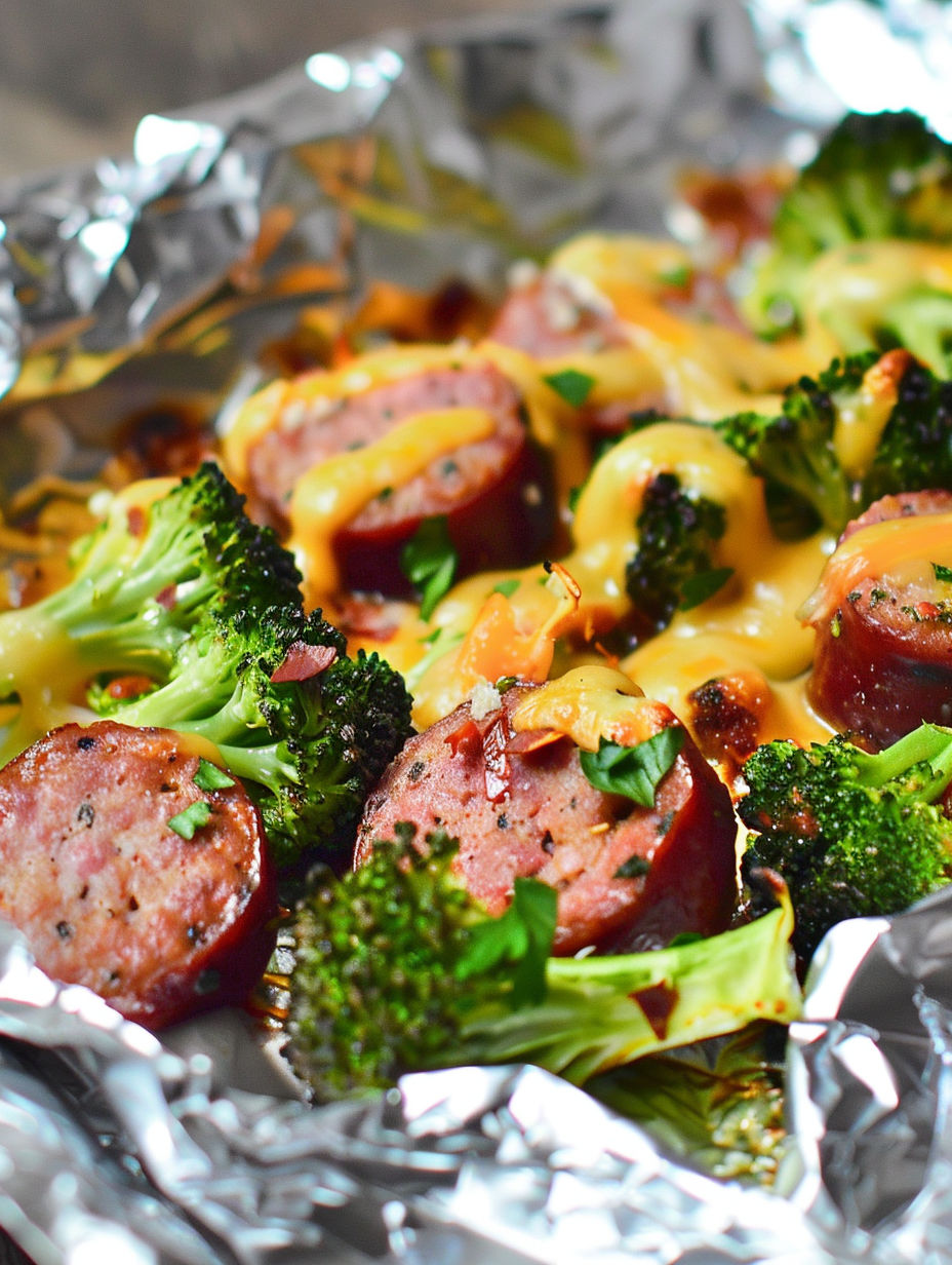 Sausage and broccoli in foil packets.