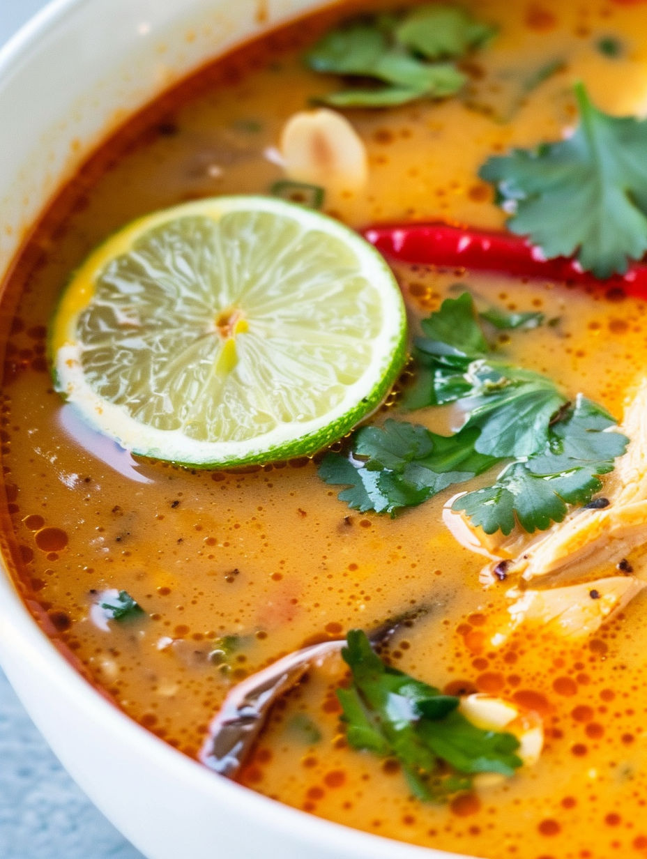 A bowl of Thai chicken soup with lime wedges and cilantro.