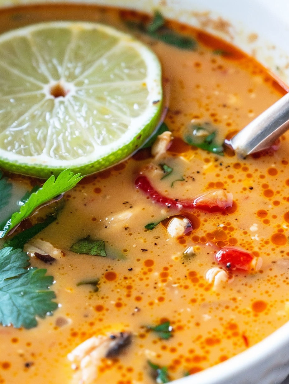 A bowl of Thai chicken soup with a lime wedge.