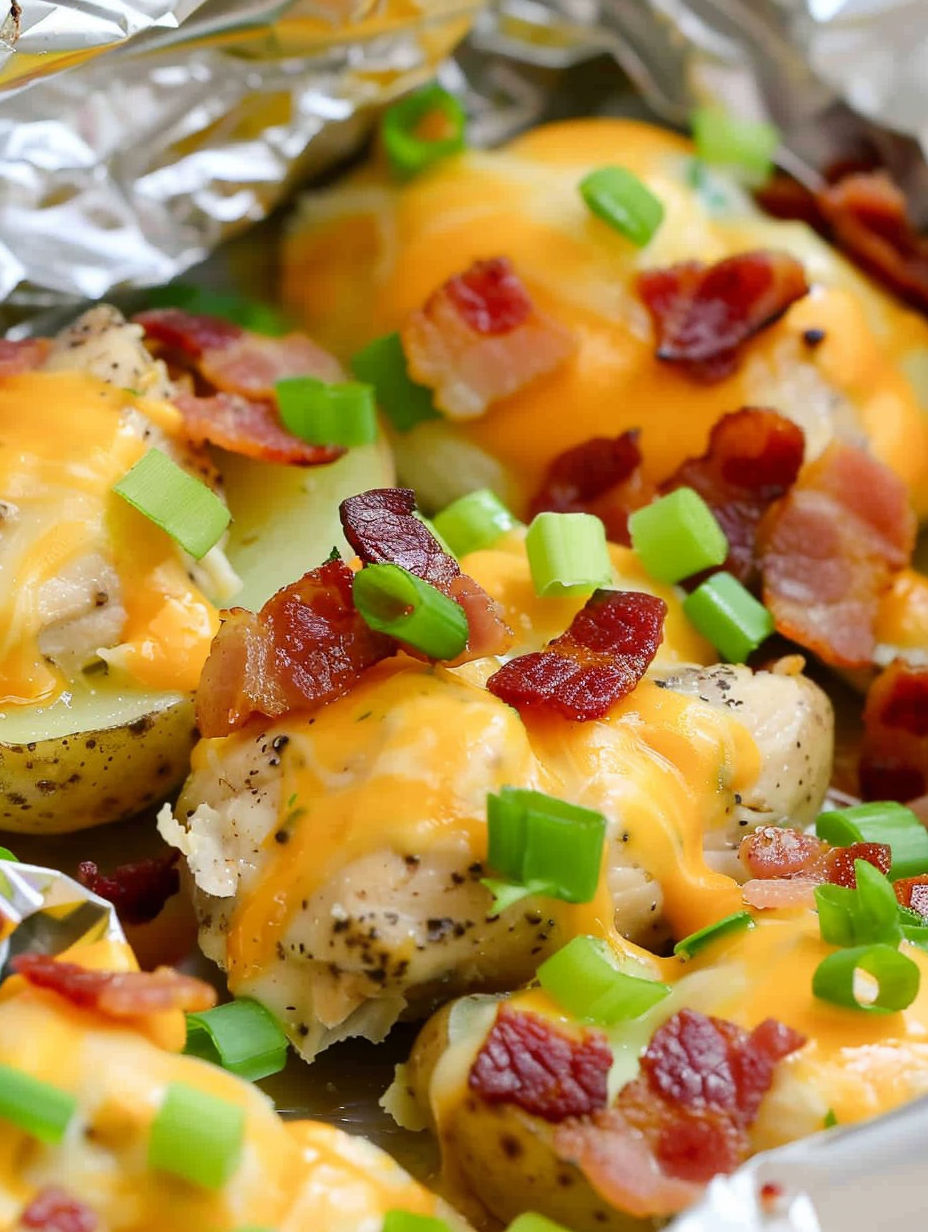 Chicken and potato foil packs with bacon and cheese.