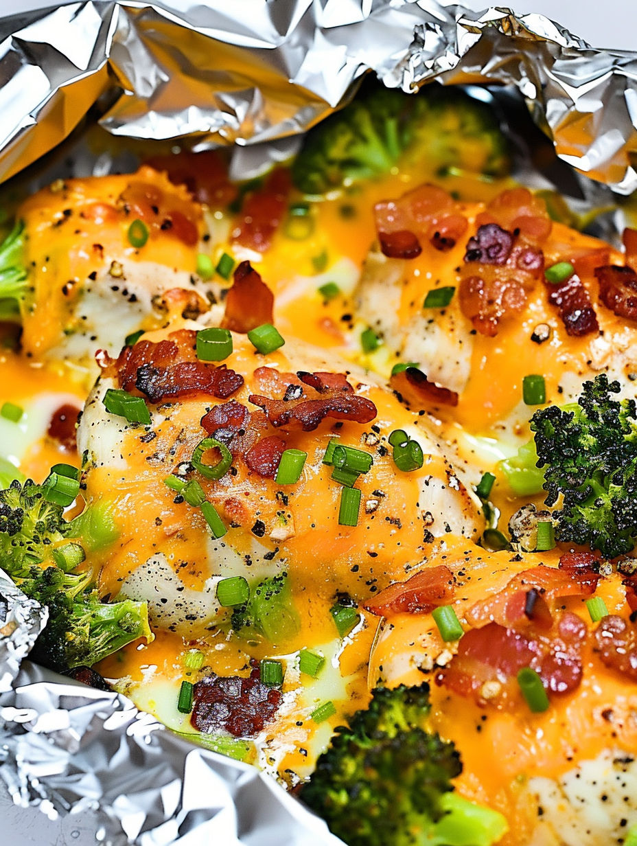 A close up of a delicious meal of chicken, bacon, and broccoli.