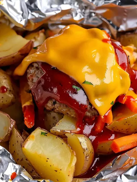 A cheeseburger with ketchup and potatoes.